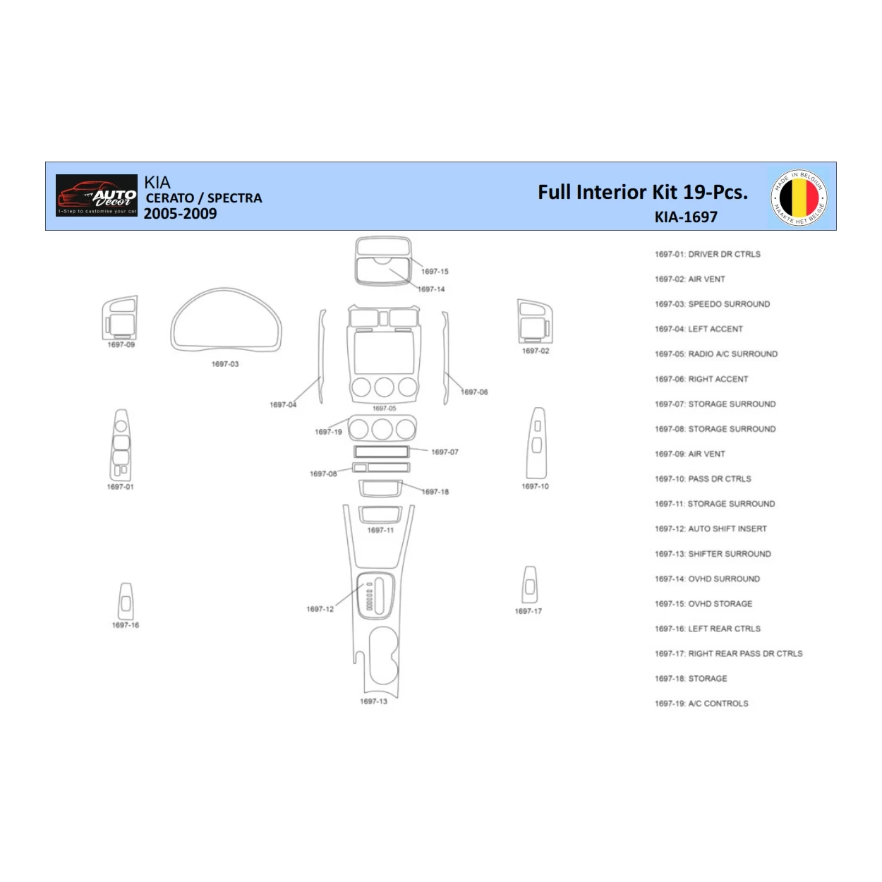 KIA Cerato-2005 Interior WHZ Dashboard trim kit 19 Parts