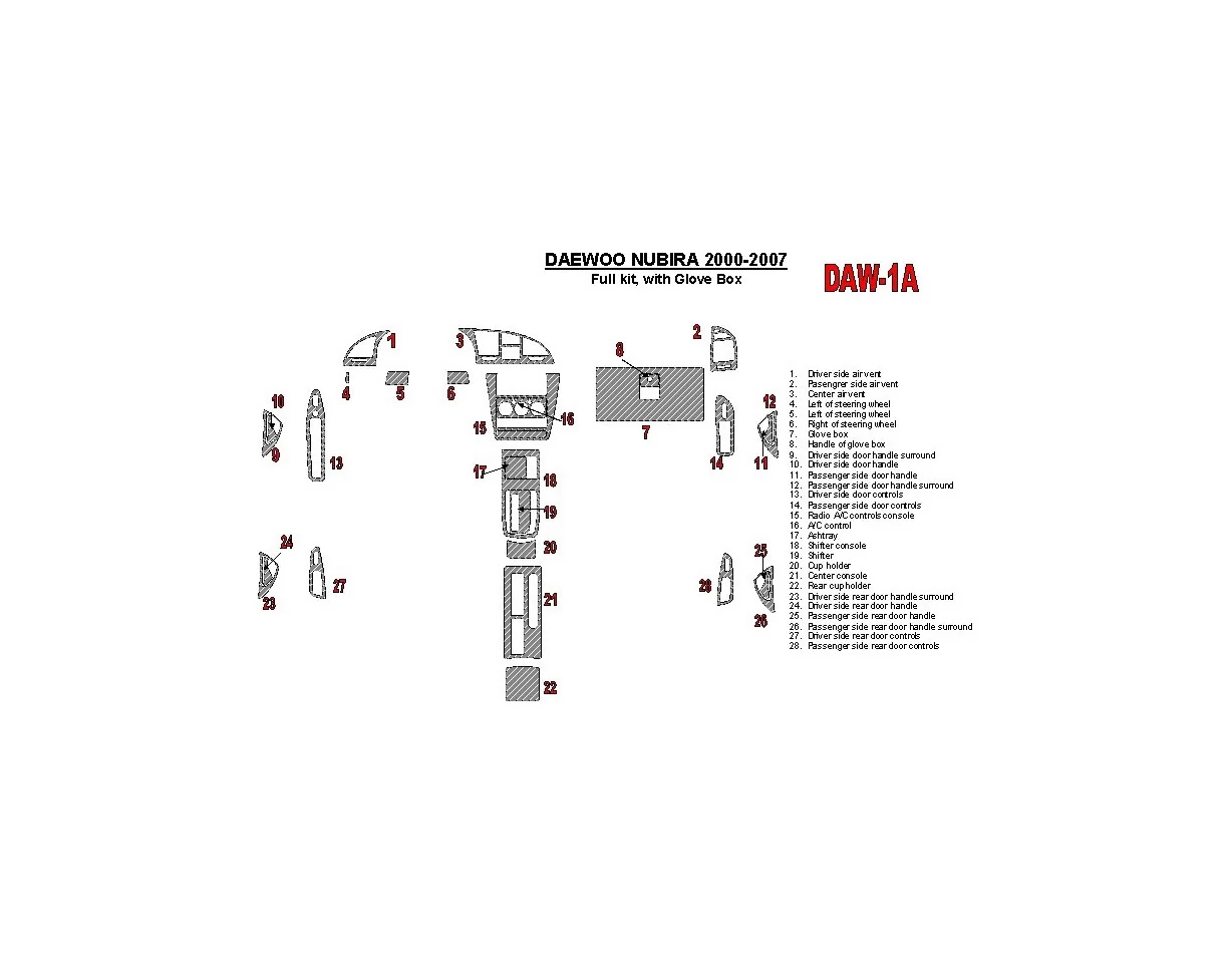 Daewoo Nubira 2000-2007 Full Set, with glowe-box Interior BD Dash Trim Kit - 1 - Interior Dash Trim Kit