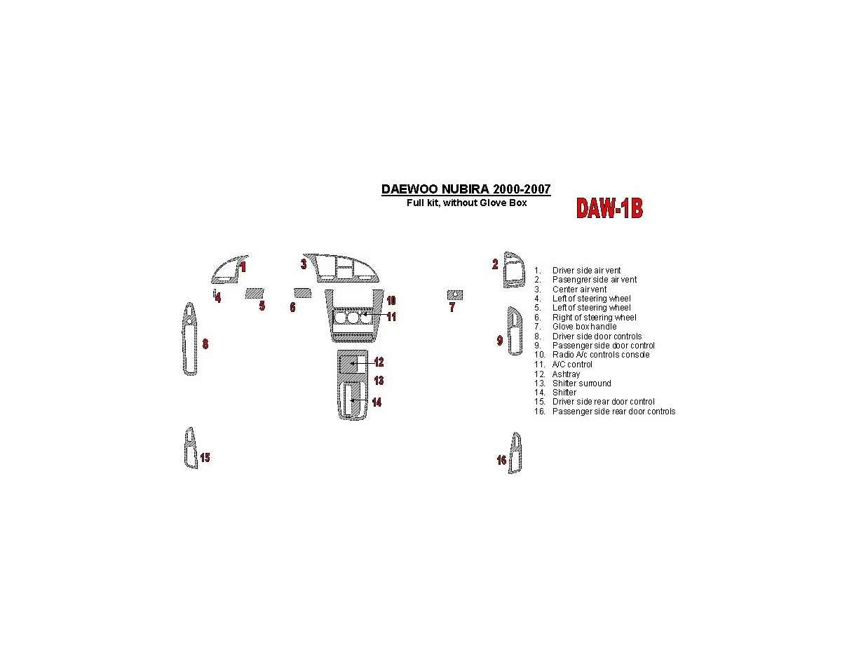 Daewoo Nubira 2000-2007 Full Set, Without glowe-box Interior BD Dash Trim Kit - 1 - Interior Dash Trim Kit