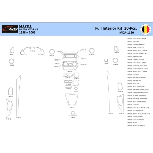 Mazda MX5 2000 Interior WHZ Dashboard trim kit 30 Parts