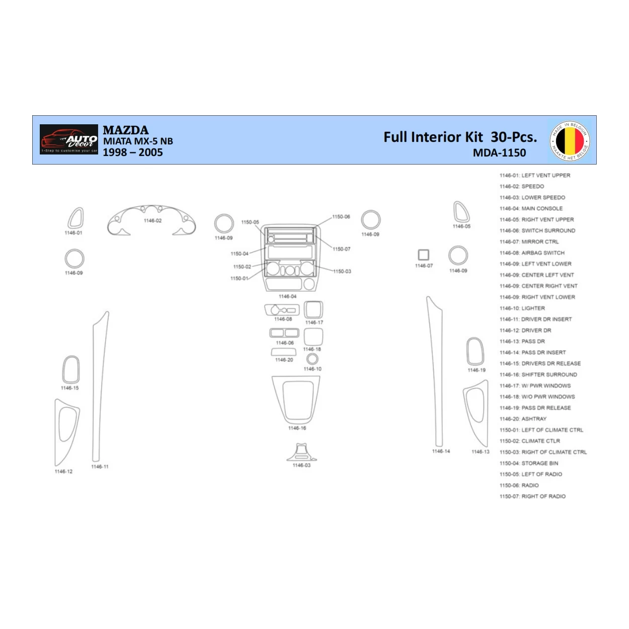 Mazda MX5 2000 Interior WHZ Dashboard trim kit 30 Parts