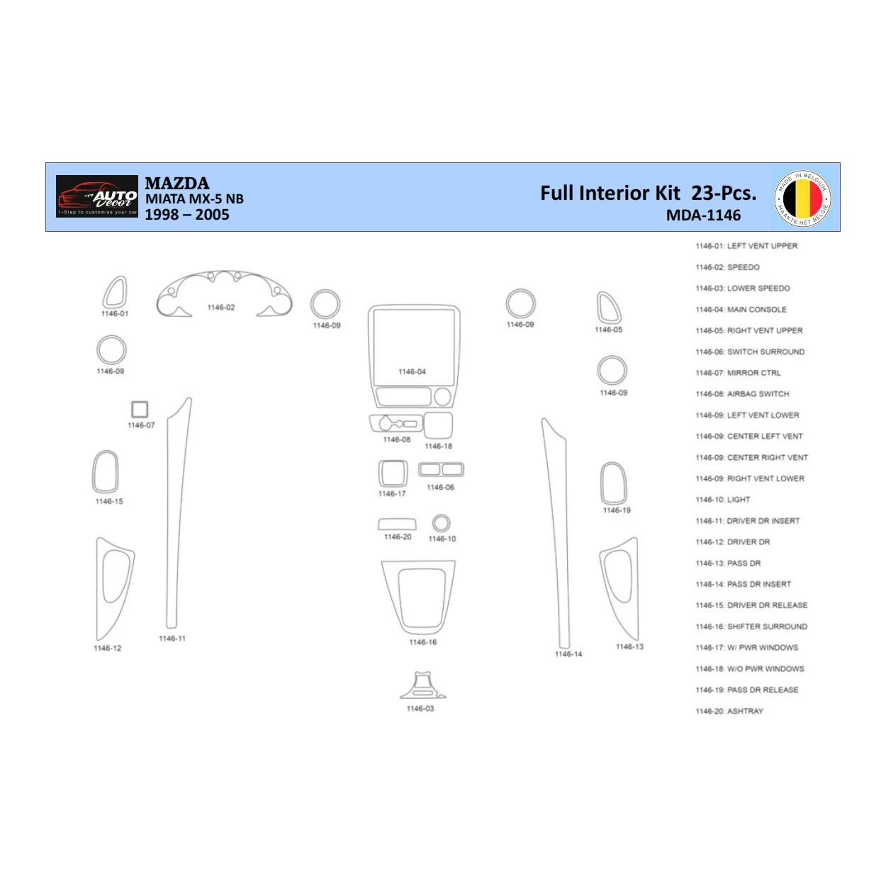 Mazda MX5 2000 Interior WHZ Dashboard trim kit 23 Parts
