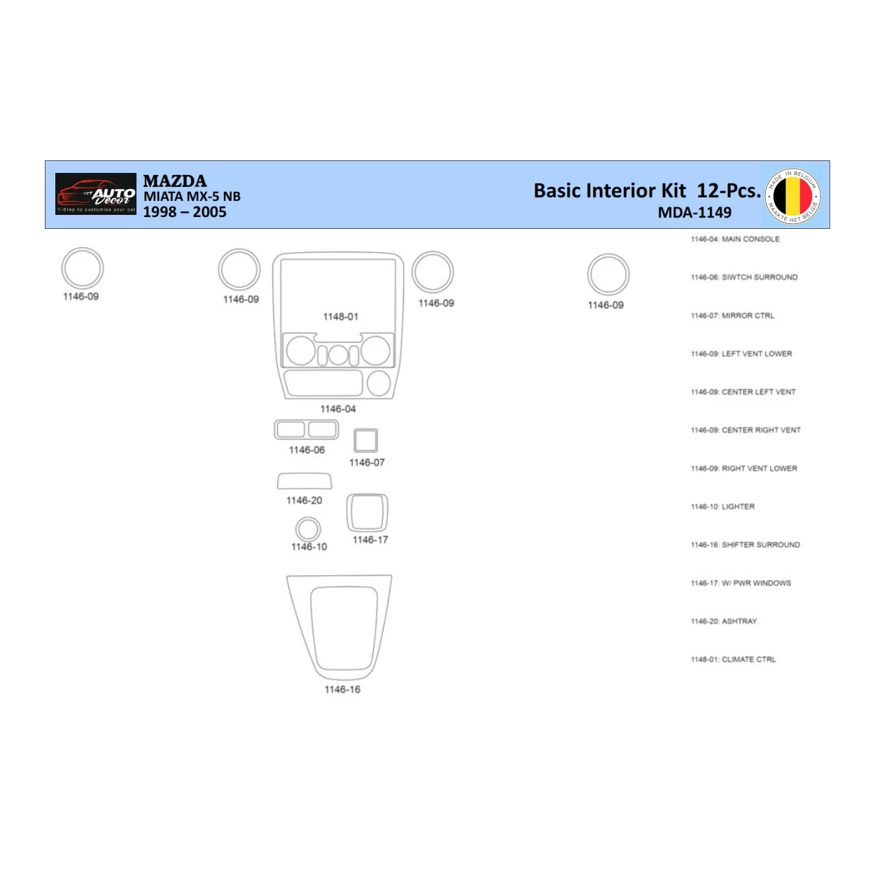 Mazda MX5 2000 Interior WHZ Dashboard trim kit 12 Parts