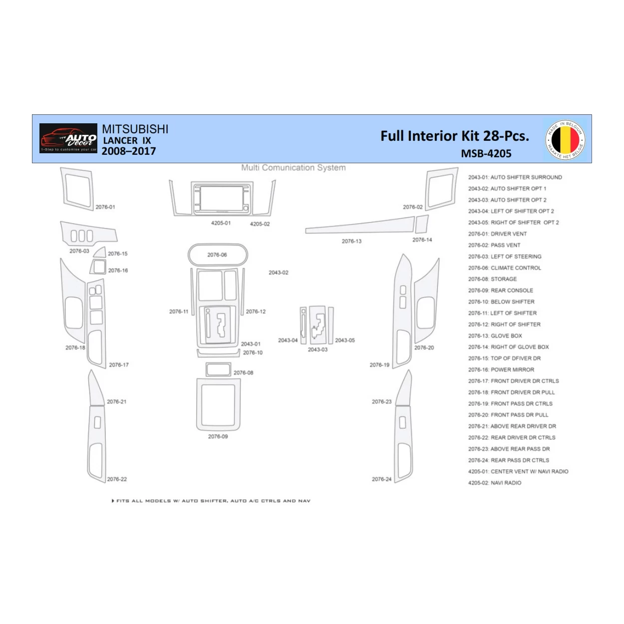 Mitsubishi Lancer-9-2007–2017 Interior WHZ Dashboard trim kit 28 Parts