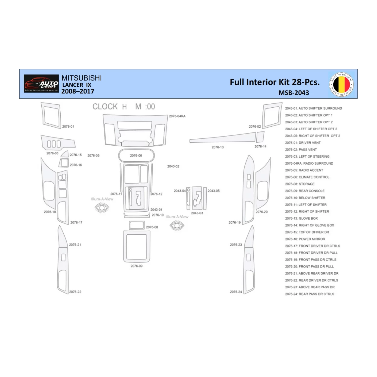 Mitsubishi Lancer-2008 Interior WHZ Dashboard trim kit 28 Parts
