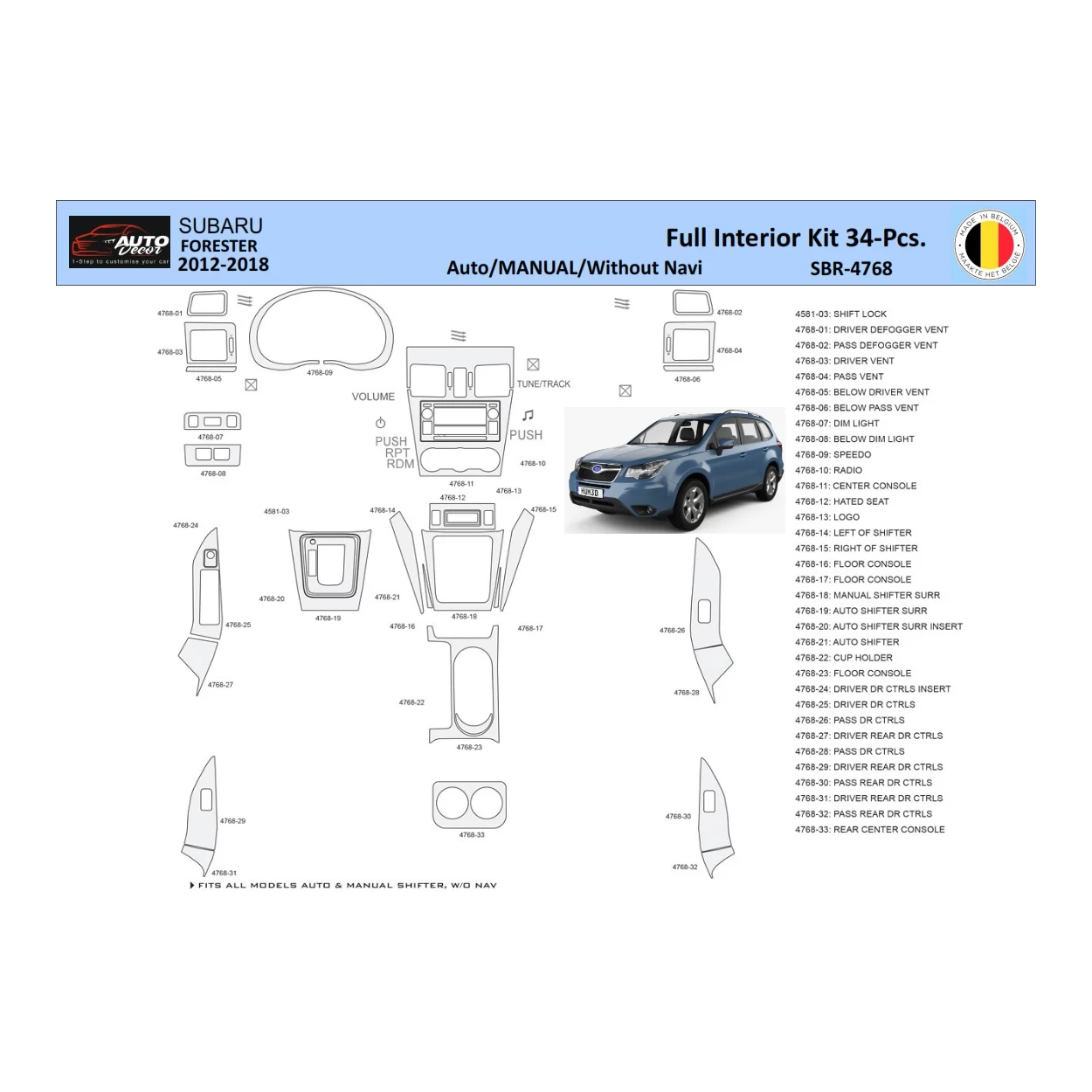 Subaru Forester 2012-2018 Interior WHZ Dashboard trim kit 34 Parts