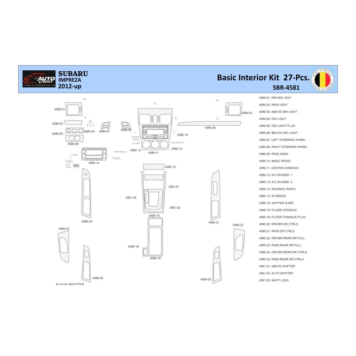 Subaru Impreza 2012 Interior WHZ Dashboard trim kit 27 Parts