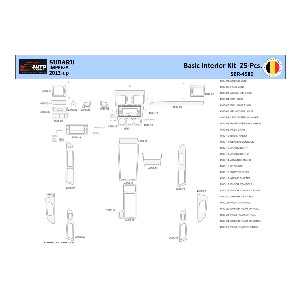 Subaru Impreza 2012 Interior WHZ Dashboard trim kit 25 Parts