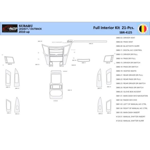 Subaru Legacy Outback 2010 Interior WHZ Dashboard trim kit 21 Parts