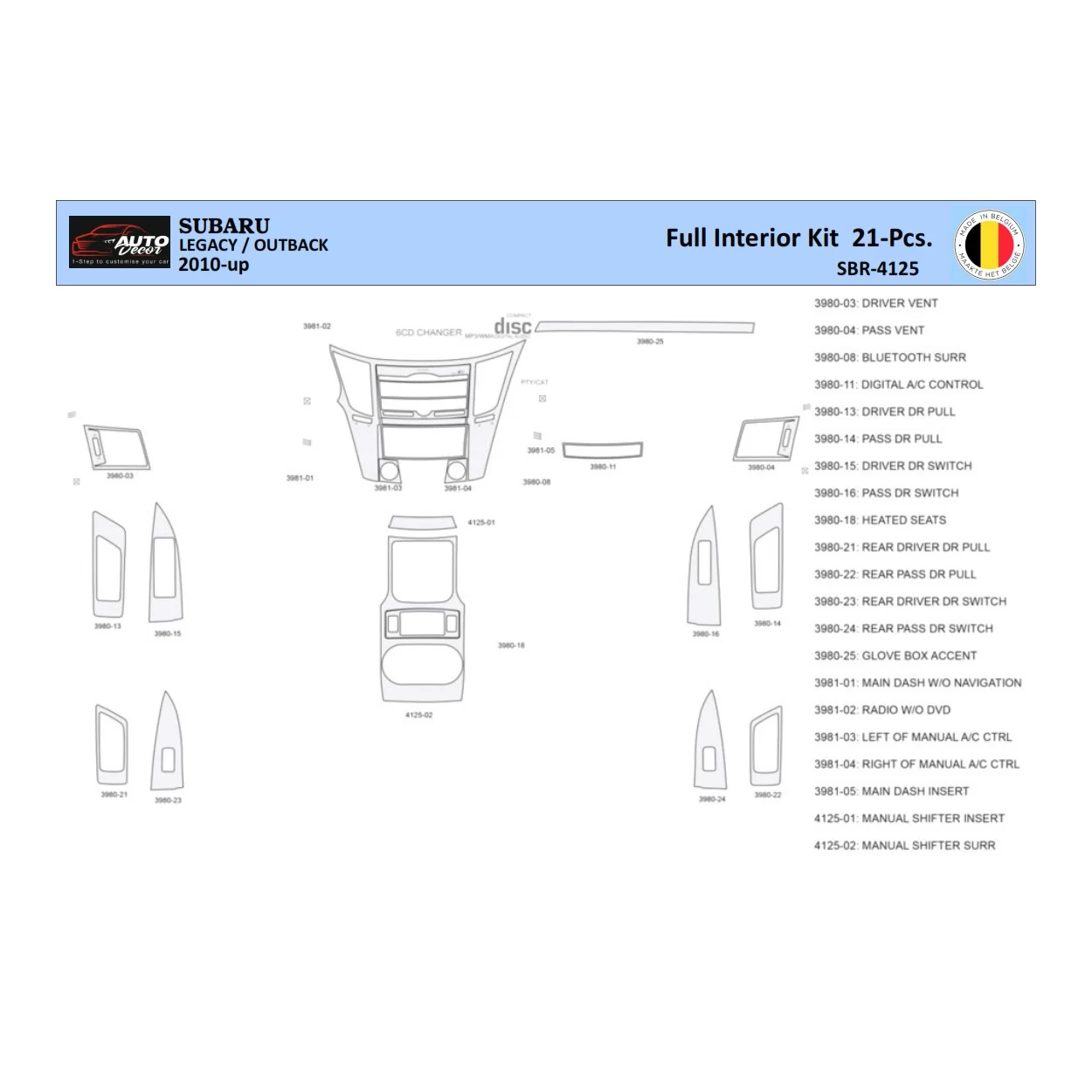 Subaru Legacy Outback 2010 Interior WHZ Dashboard trim kit 21 Parts