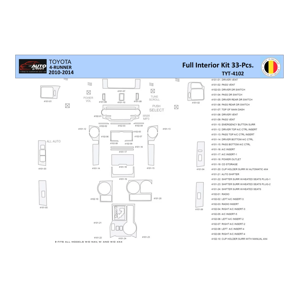 Toyota 4Runner 2010-2014 Interior WHZ Dashboard trim kit 33 Parts