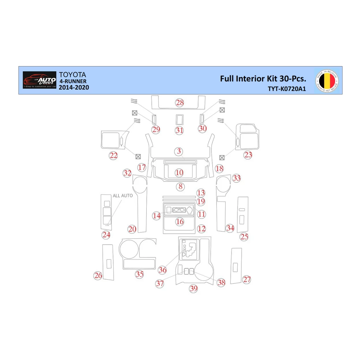 Toyota 4Runner 2014 Interior WHZ Dashboard trim kit 30 Parts