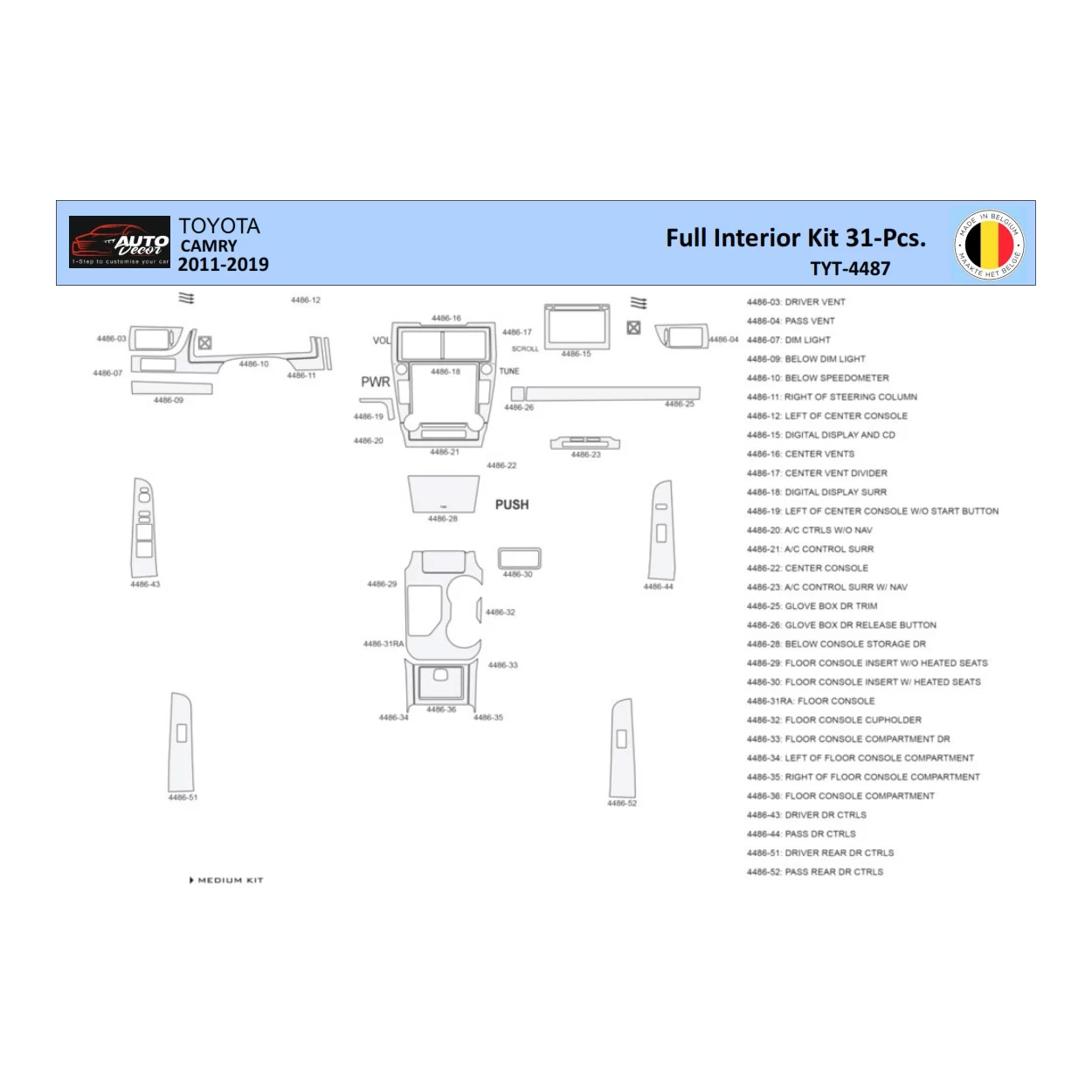Toyota Camry 2011-2019 Interior WHZ Dashboard trim kit 31 Parts
