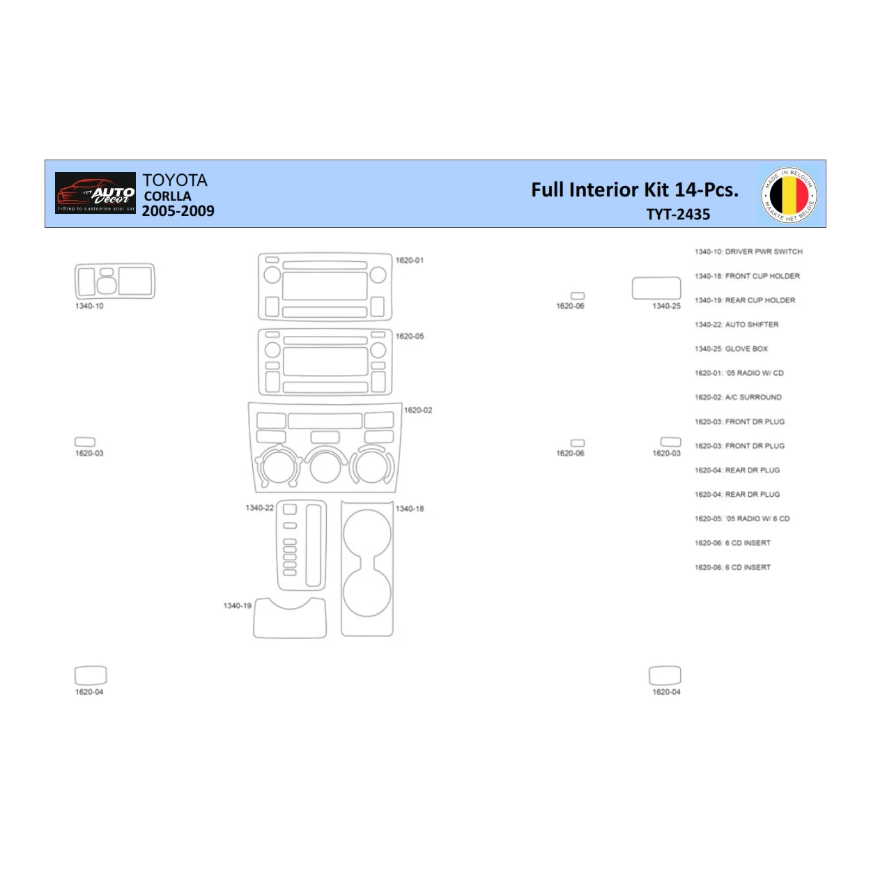 Toyota Corolla 2005 Interior WHZ Dashboard trim kit 14 Parts