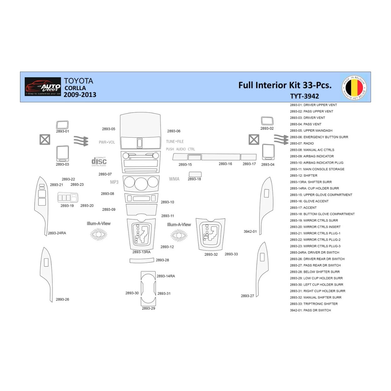 Toyota Corolla 2009 Interior WHZ Dashboard trim kit 33 Parts