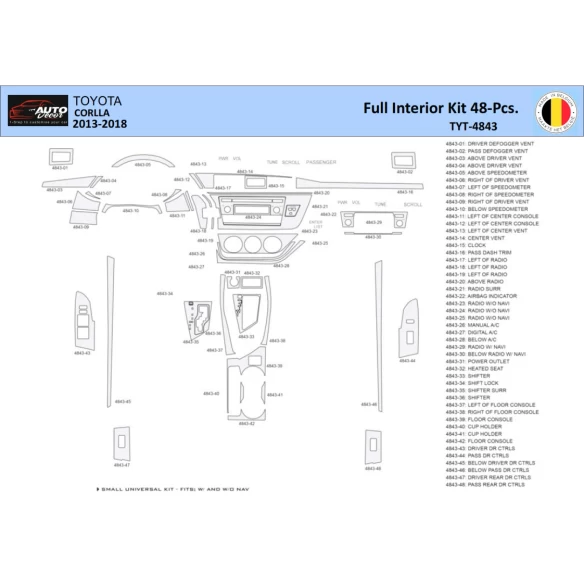 Toyota Corolla 2013-2018 Interior WHZ Dashboard trim kit 48 Parts