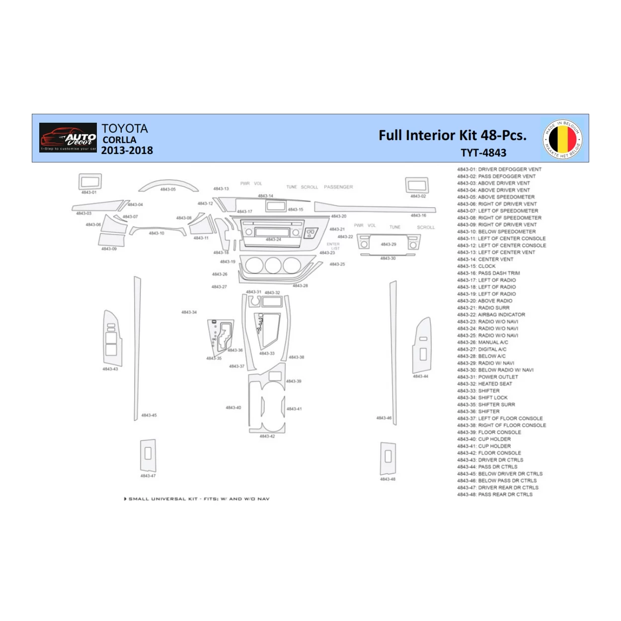 Toyota Corolla 2013-2018 Interior WHZ Dashboard trim kit 48 Parts