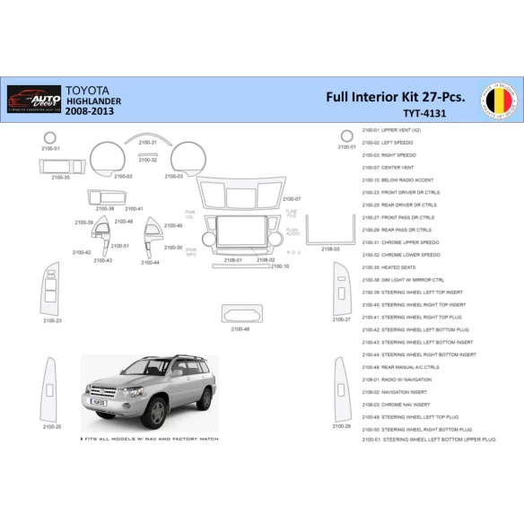 Toyota Highlander 2008-2013 Interior WHZ Dashboard trim kit 27 Parts