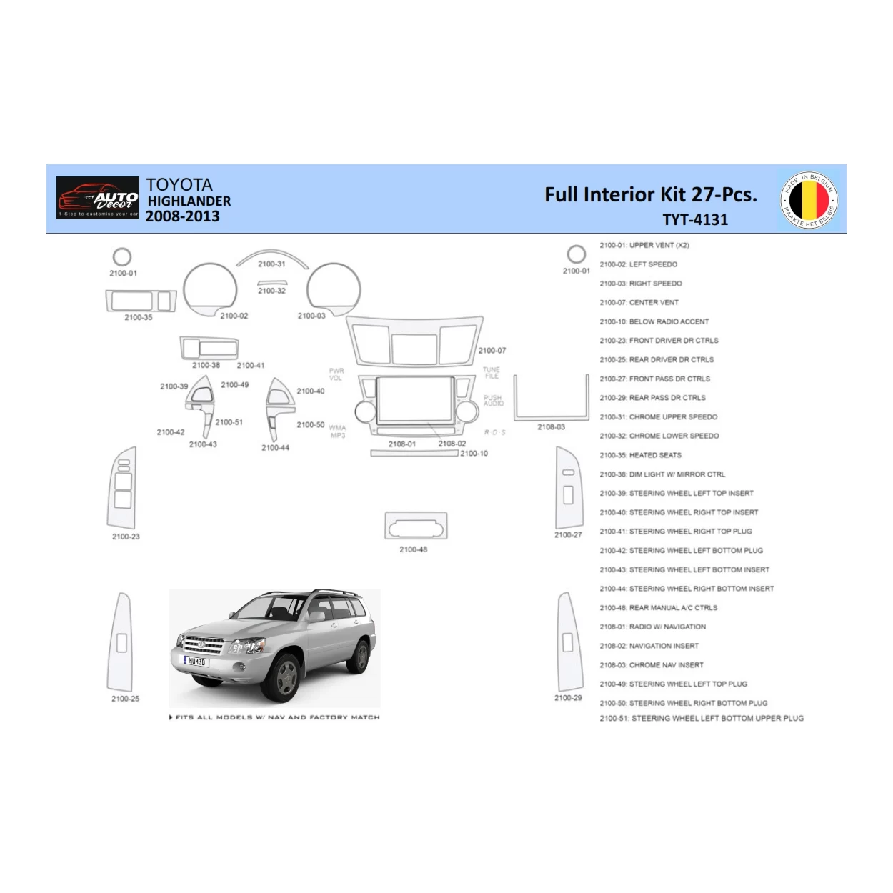 Toyota Highlander 2008-2013 Interior WHZ Dashboard trim kit 27 Parts