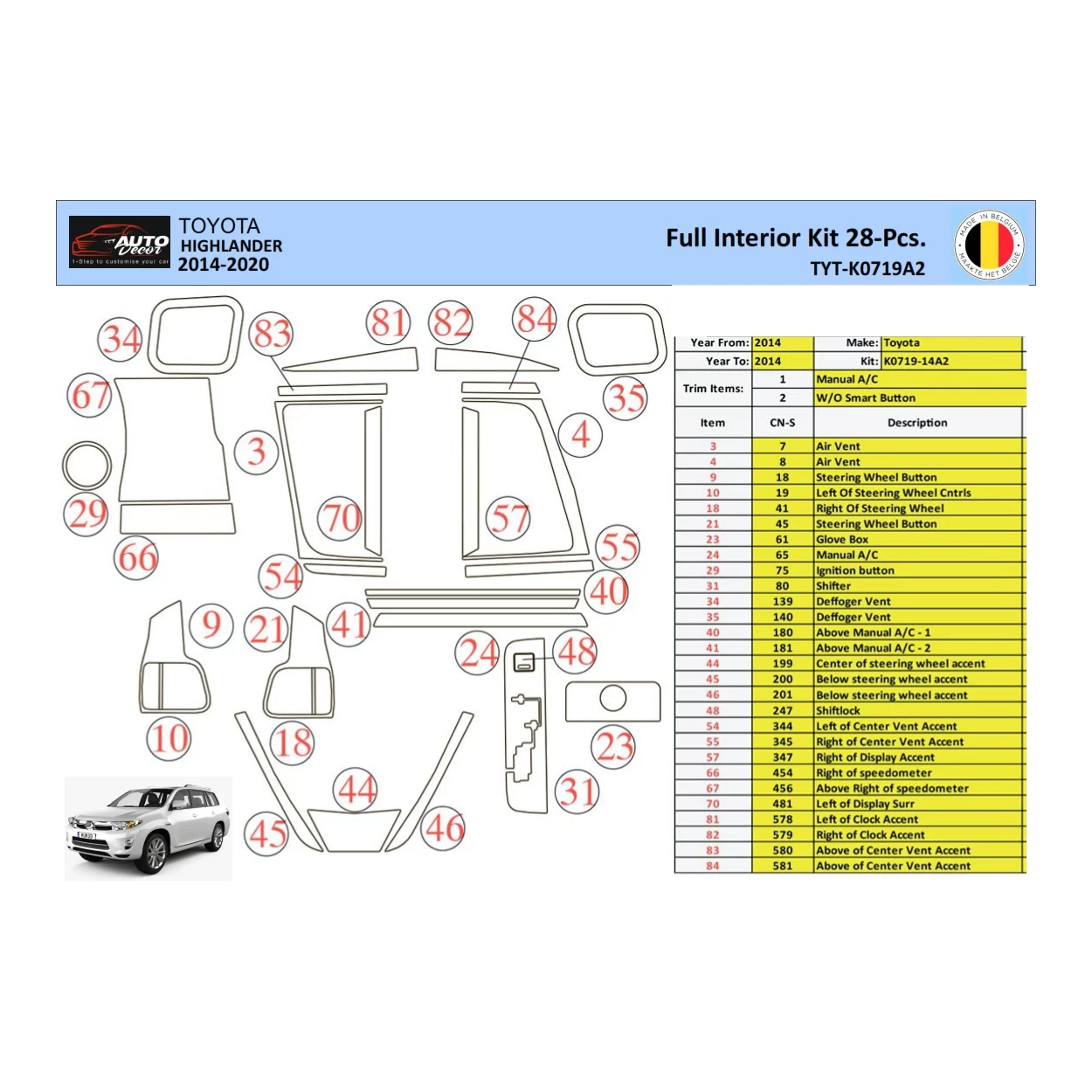 Toyota Highlander 2013-2016 Interior WHZ Dashboard trim kit 28 Parts