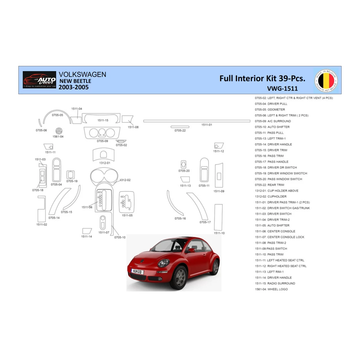 VolksWagen Beetle 2002-2005 Interior WHZ Dashboard trim kit 41 Parts