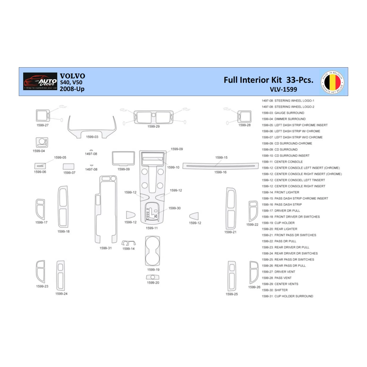 Volvo S50 2004-2009 Interior WHZ Dashboard trim kit 33 Parts