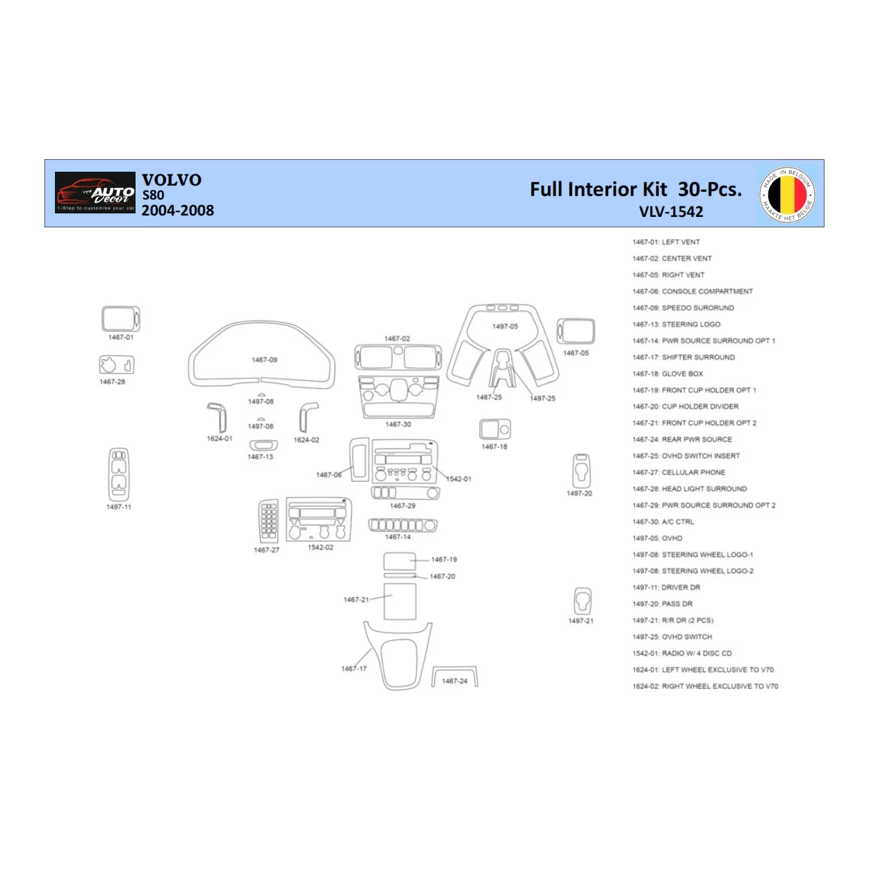 Volvo S80 2004-2006 Interior WHZ Dashboard trim kit 30 Parts
