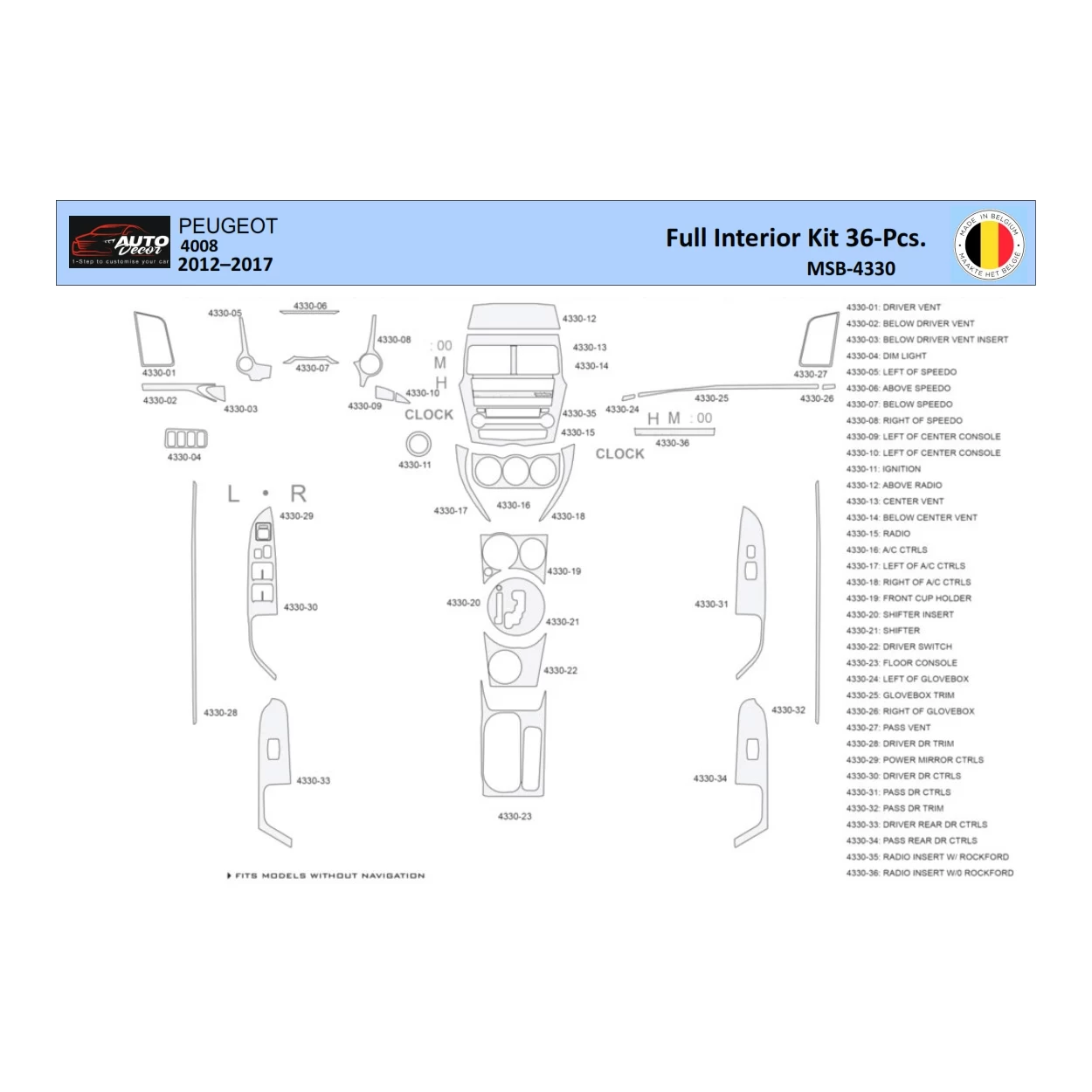 Peugeot 4008 2012-2017 Interior WHZ Dashboard trim kit 36 Parts