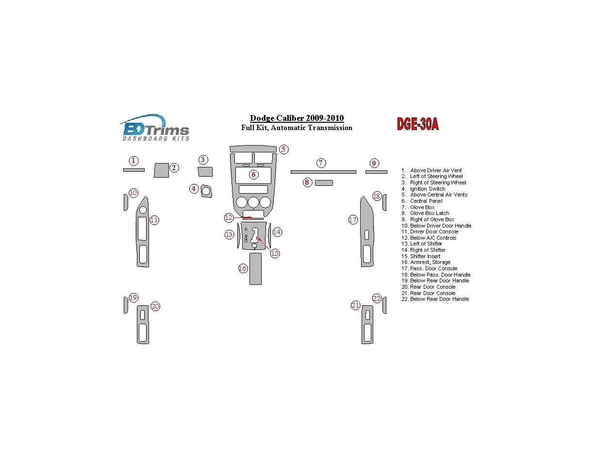 Dodge Caliber 2009-UP Full Set, Automatic Gear Interior BD Dash Trim Kit - 1 - Interior Dash Trim Kit