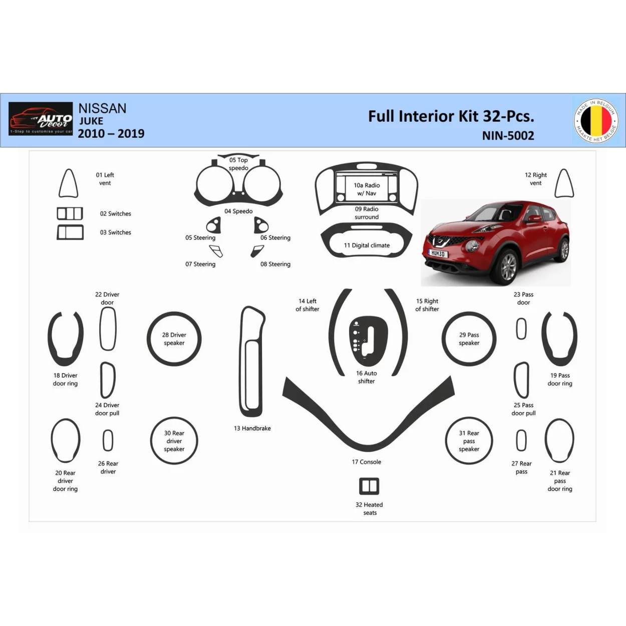 Nissan Juke 2011-2017 3D Interior Dashboard Trim Kit Dash Trim Dekor 32-Parts