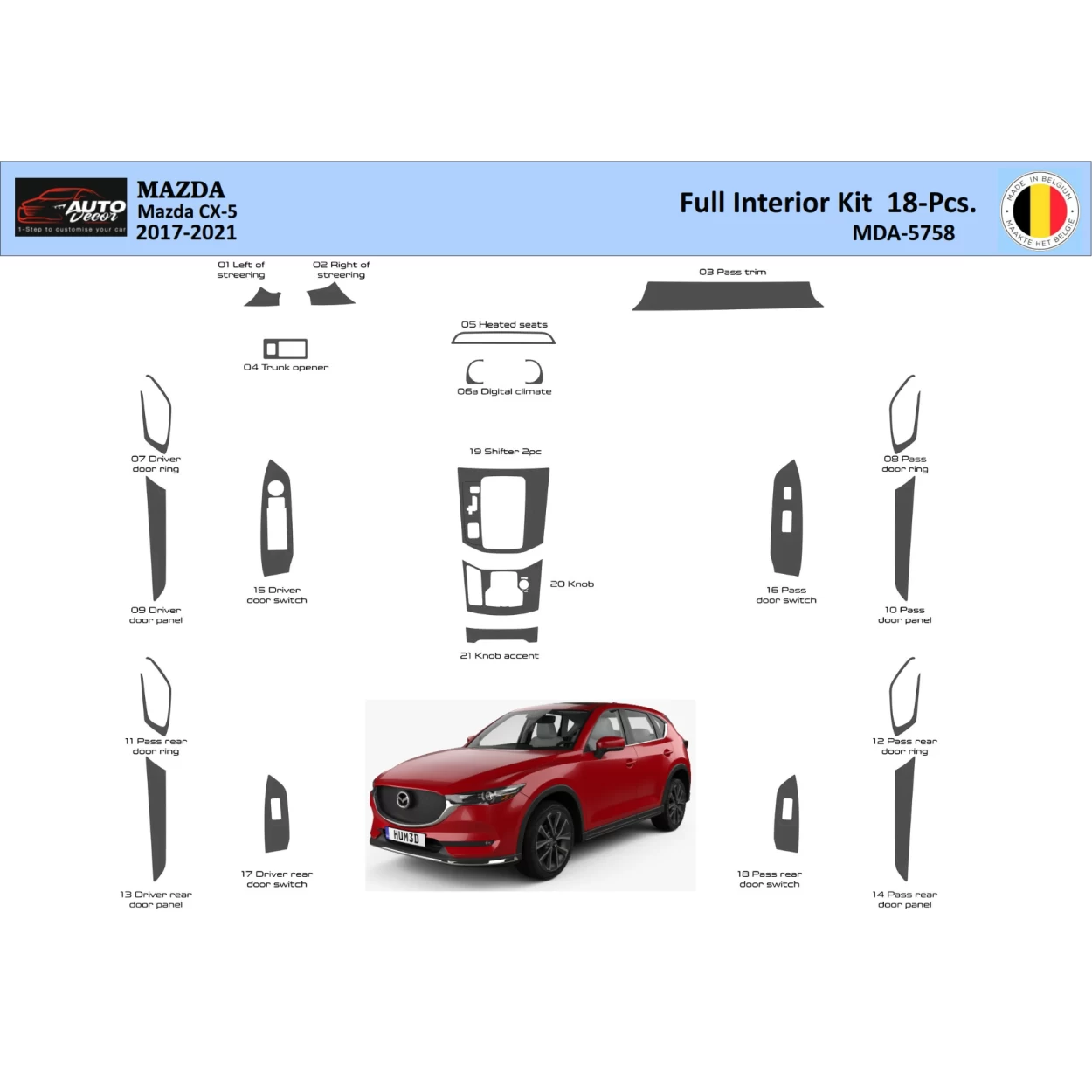 Mazda CX-5 2017-2021 Interior WHZ Dashboard trim kit 18 Parts