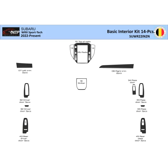 Subaru WRX Sedan 2022-2023 Interior WHZ Dashboard trim kit 14 Parts