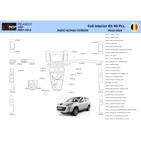 Peugeot 4007 2007–2012 3D Interior Dashboard Trim Kit WHZ NAVI Dash Trim Dekor 40-Parts