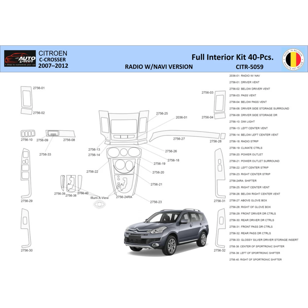 Citroën C-Crosser 2007–2012 3D Interior Dashboard Trim Kit WHZ NAVI Dash Trim Dekor 40-Parts