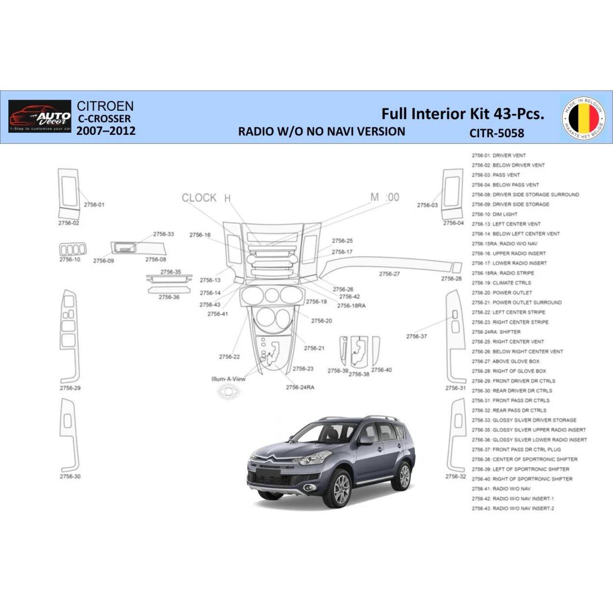 Citroën C-Crosser 2007–2012 3D Interior Dashboard Trim Kit WHZ Dash Trim Dekor 43-Parts