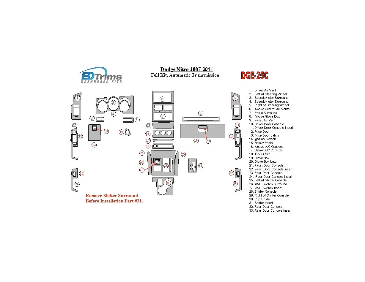 Dodge Nitro 2007-UP Full Set, Automatic Gear Interior BD Dash Trim Kit - 1 - Interior Dash Trim Kit
