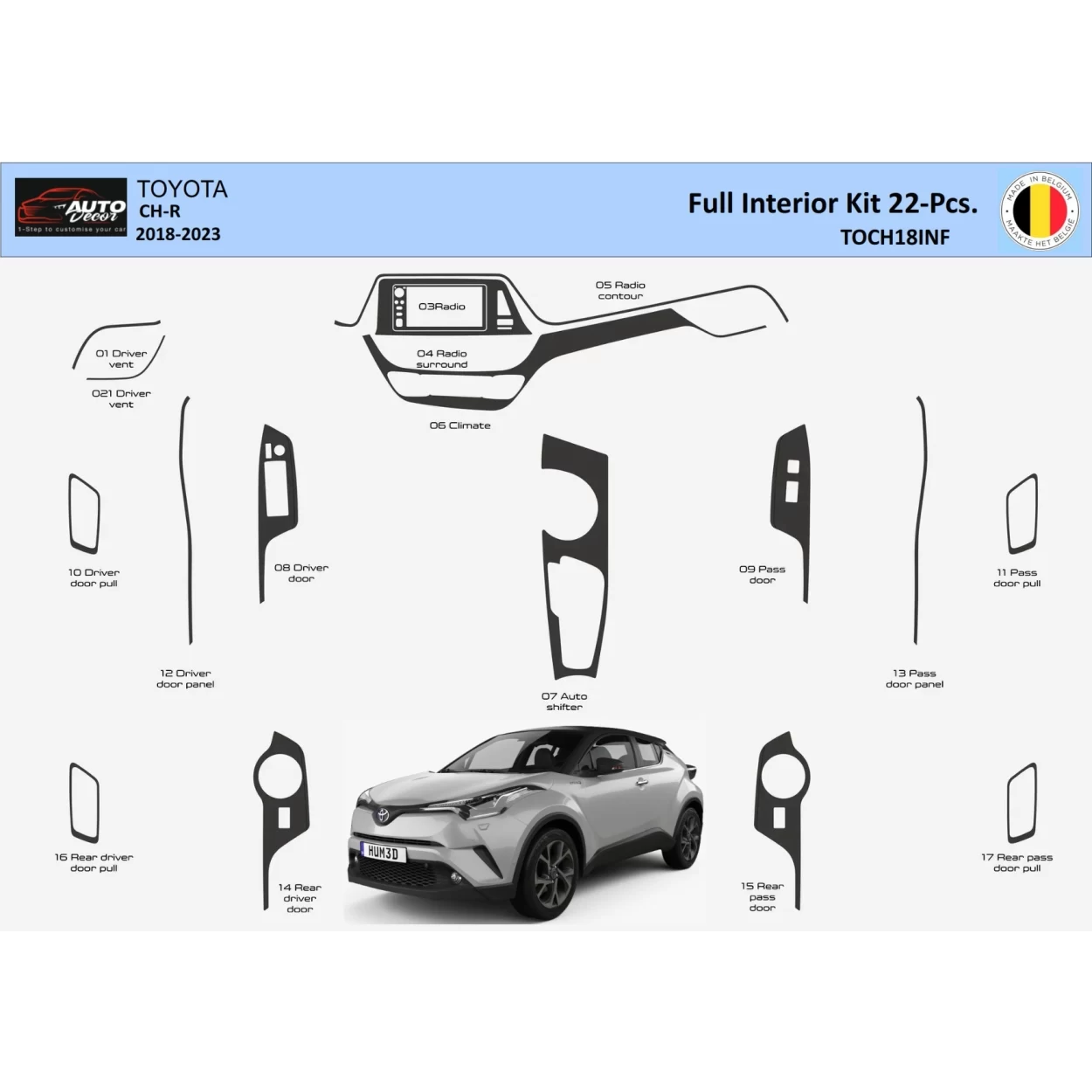 Toyota C-HR 2018-2023 Interior WHZ Dashboard trim kit 22 Parts