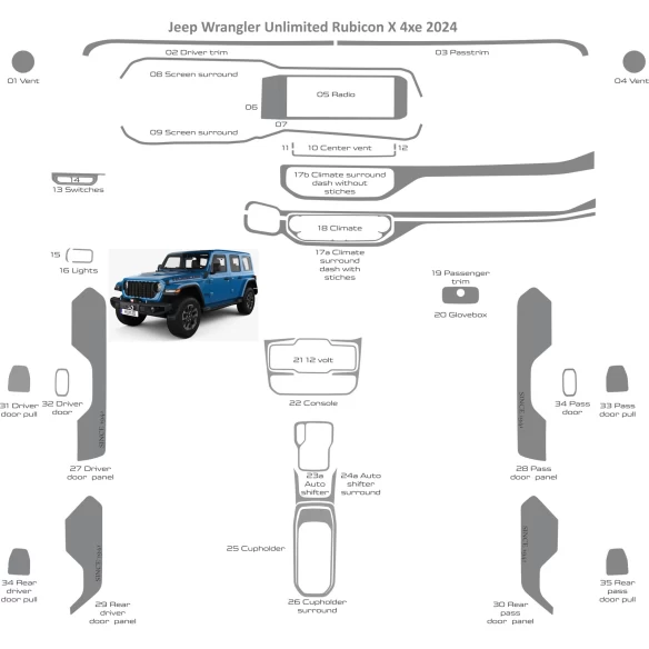 Jeep Wrangler Unlimited Rubicon 2024 Interior WHZ Dashboard trim kit 35 Parts