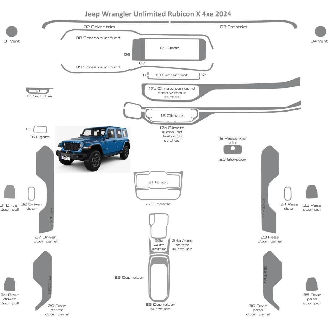 Jeep Wrangler Unlimited Rubicon 2024 Interior WHZ Dashboard trim kit 35 Parts