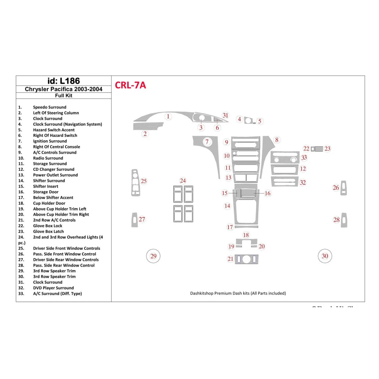 Chrysler Pacifica 2003-2004 Full Set, OEM Compliance Interior BD Dash Trim Kit