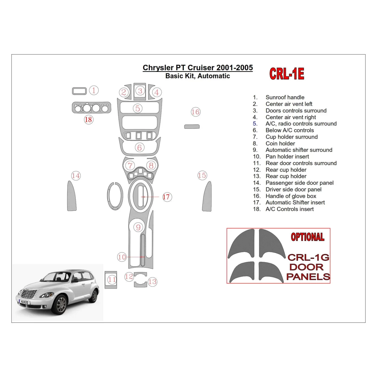 Chrysler PT Cruiser 2001-2005 Basic Set, Automatic Gearbox, 17 Parts set Interior BD Dash Trim Kit