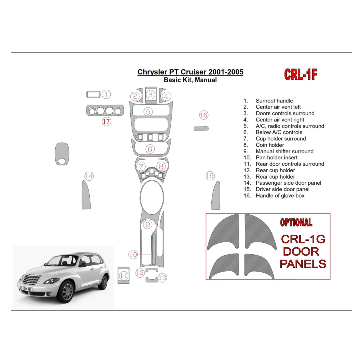 Chrysler PT Cruiser 2001-2005 Basic Set, Manual Gearbox, 16 Parts set Interior BD Dash Trim Kit