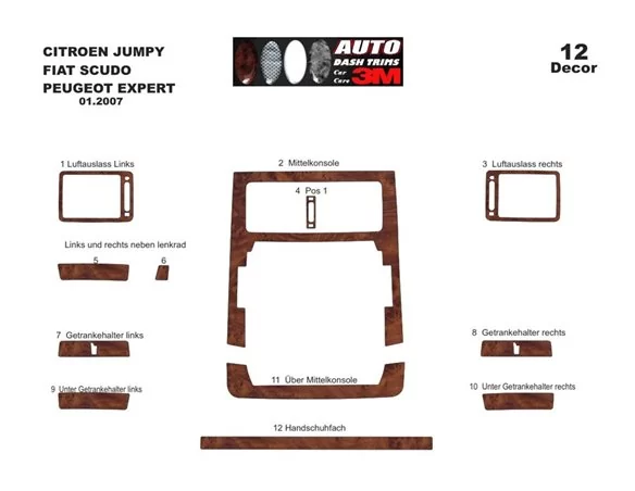 Fiat Scudo 01.2007 3D Interior Dashboard Trim Kit Dash Trim Dekor 12-Parts