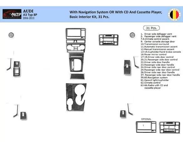 Audi A3 Typ 8P 2006-2014 3D Interior Dashboard Trim Kit Dash Trim Dekor 31-Parts