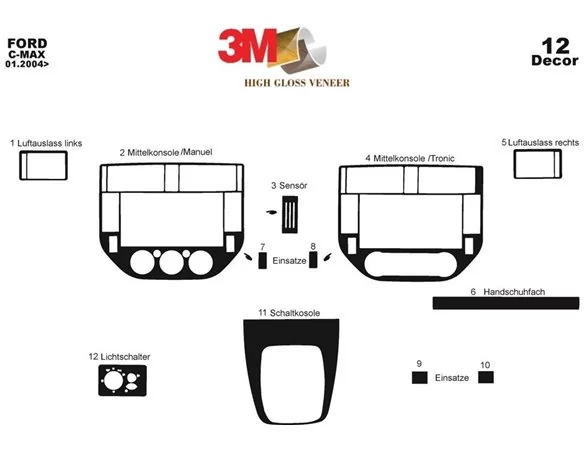 Ford C Max 01.04-09.10 3D Interior Dashboard Trim Kit Dash Trim Dekor 12-Parts