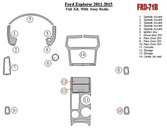 Ford Explorer 2011-UP Full Set, With Sony Radio Interior BD Dash Trim Kit - 1 - Interior Dash Trim Kit