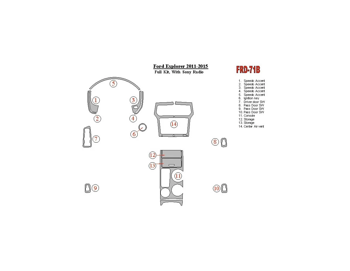 Ford Explorer 2011-UP Full Set, With Sony Radio Interior BD Dash Trim Kit - 1 - Interior Dash Trim Kit