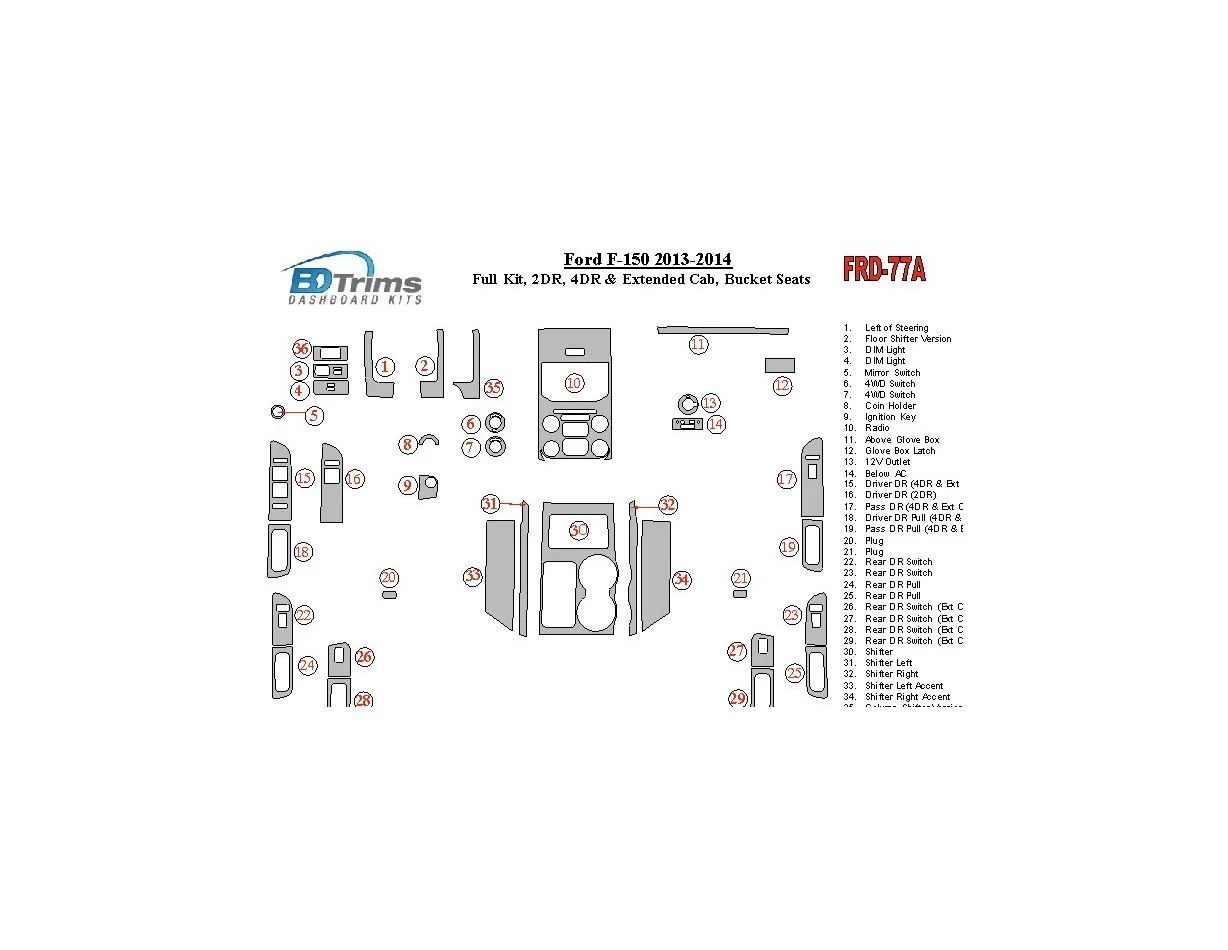 Ford F-150 2013-UP Full Set, Separated driver seats Interior BD Dash Trim Kit - 1 - Interior Dash Trim Kit