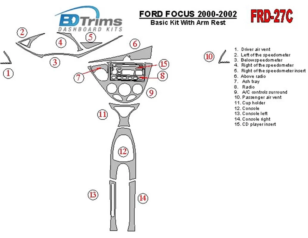 Ford Focus 2000-2002 Basic Set, With Arm Rest, 2&4 Doors, 14 Parts set Interior BD Dash Trim Kit - 1 - Interior Dash Trim Kit