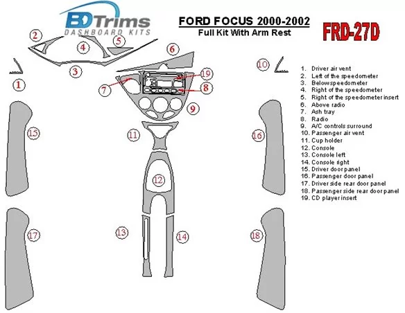 Ford Focus 2000-2002 Full Set, With Arm Rest, 4 Doors, 18 Parts set Interior BD Dash Trim Kit - 1 - Interior Dash Trim Kit